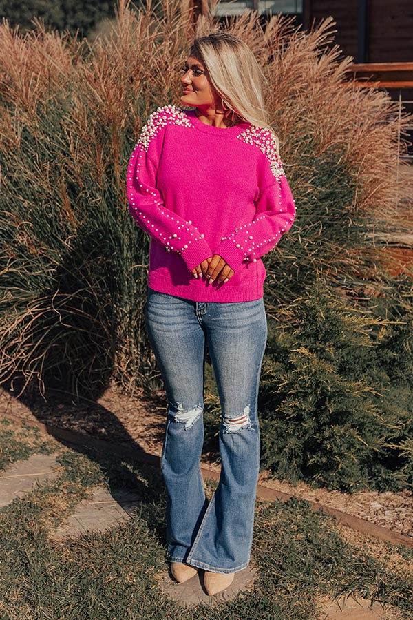 Modern Muse Pearl Embellished Sweater In Hot Pink