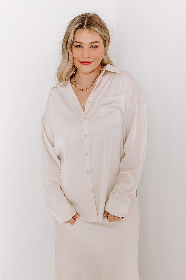 Elite Elegance Satin Button Up In Cream