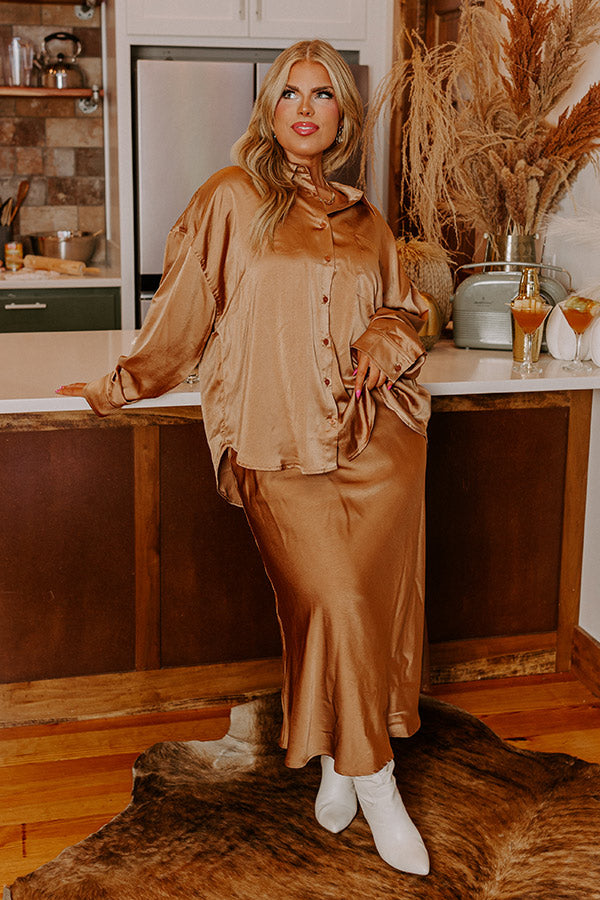 Elite Elegance Satin Button Up In Camel Curves