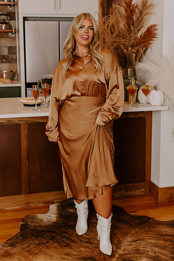 Elite Elegance Satin Button Up In Camel Curves