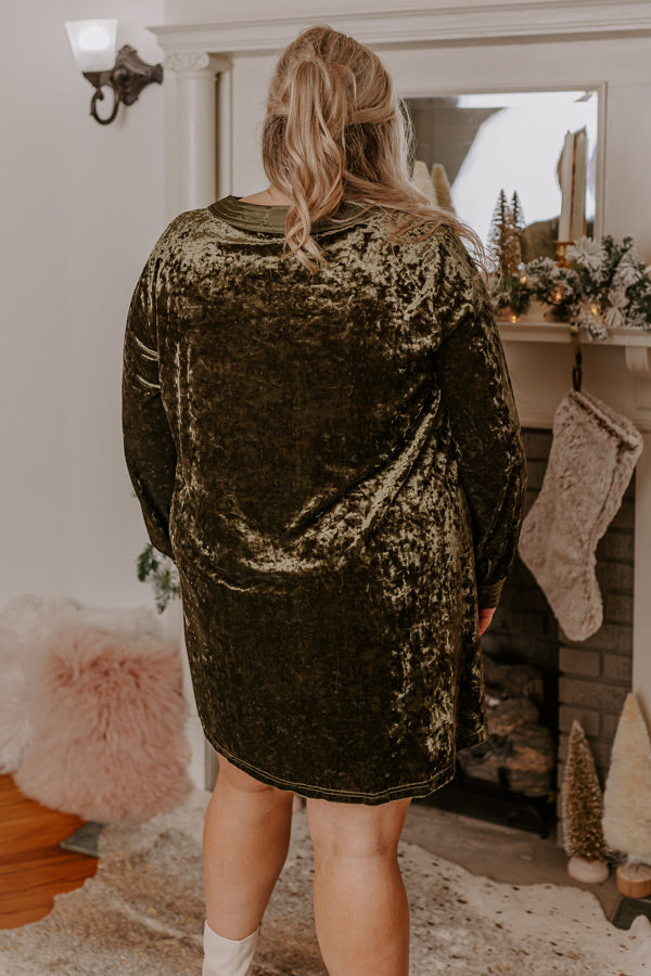 Midnight Kiss Velvet Mini Dress In Army Green Curves