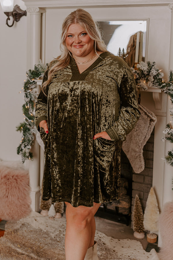 Midnight Kiss Velvet Mini Dress In Army Green Curves