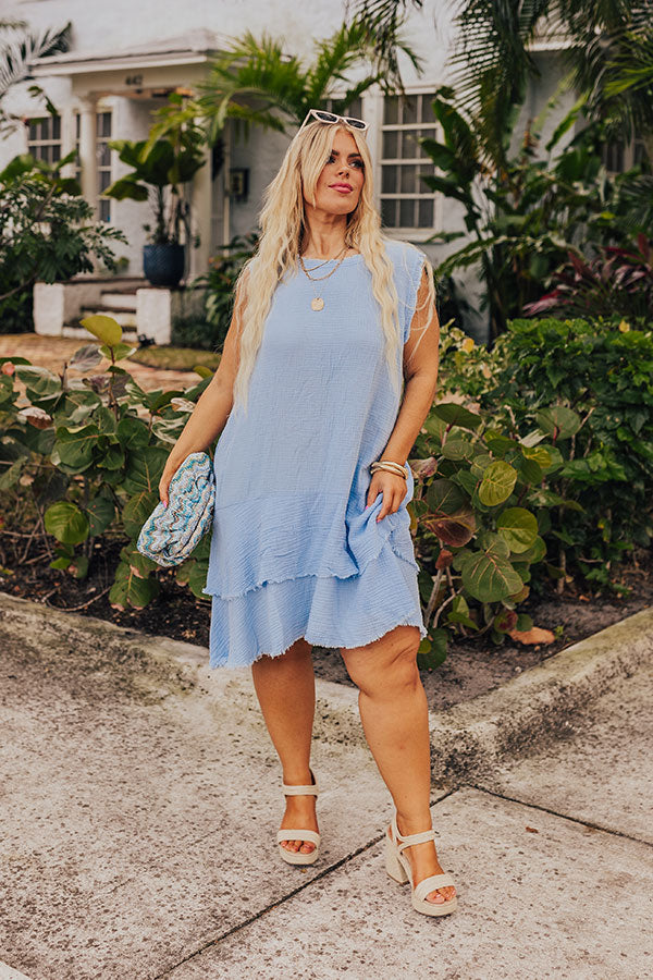 Coastal Sunshine Frayed Gauze Mini Dress in Sky Blue Curves