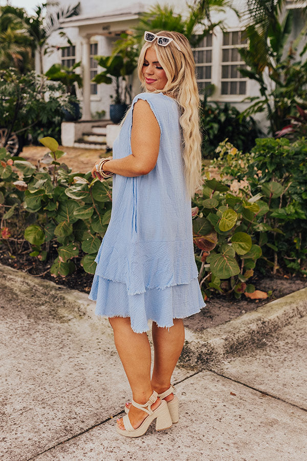 Coastal Sunshine Frayed Gauze Mini Dress in Sky Blue Curves