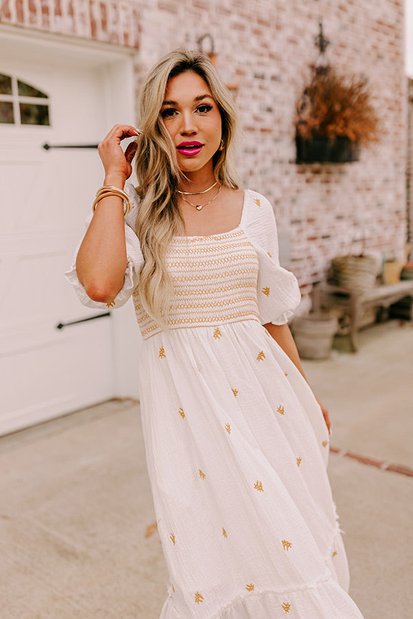 Farmers Market Stroll Smocked Maxi in White
