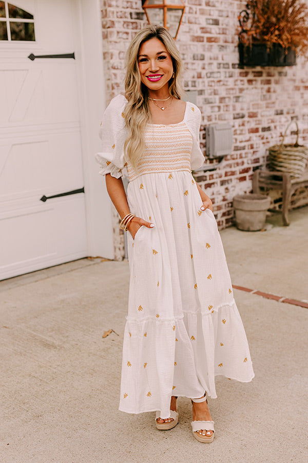 Farmers Market Stroll Smocked Maxi in White