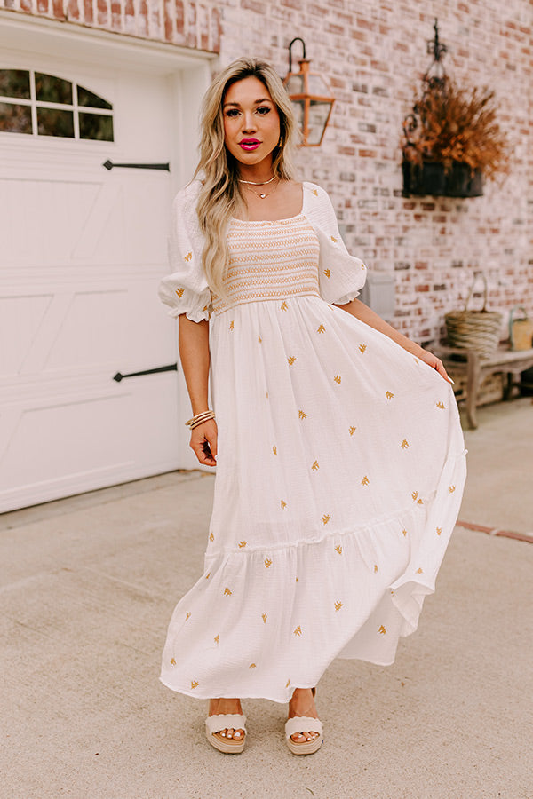 Farmers Market Stroll Smocked Maxi in White