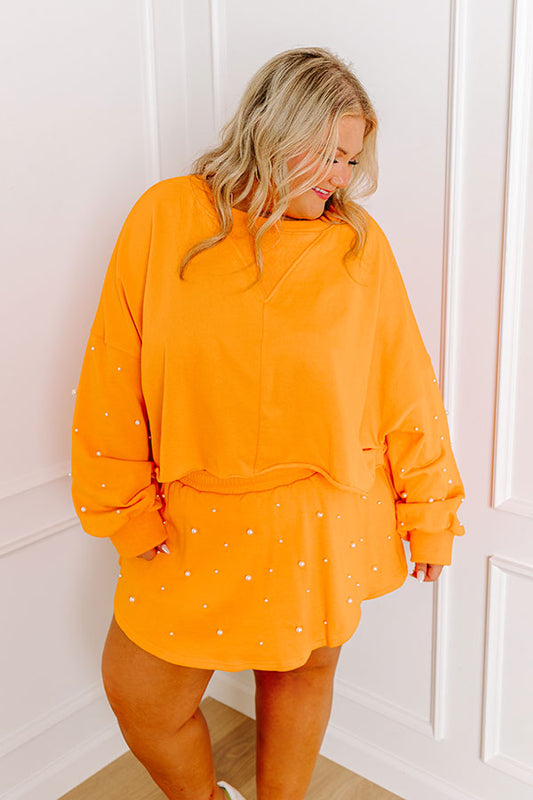 Sideline Chic Pearl Embellished Crop Sweatshirt in Orange Curves