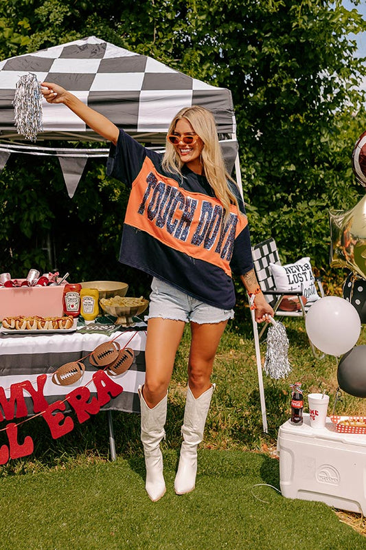 It's a Touch Down Sequin Oversized Tee in Navy/Orange