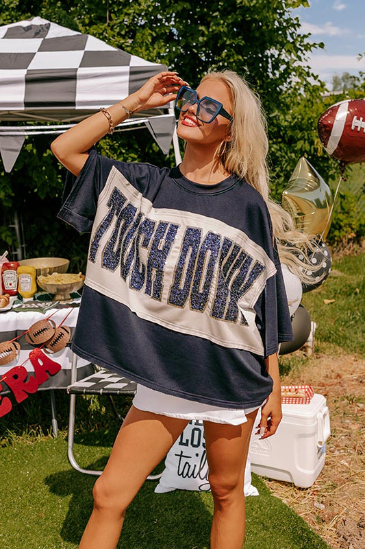 It's a Touch Down Sequin Oversized Tee in Navy/White