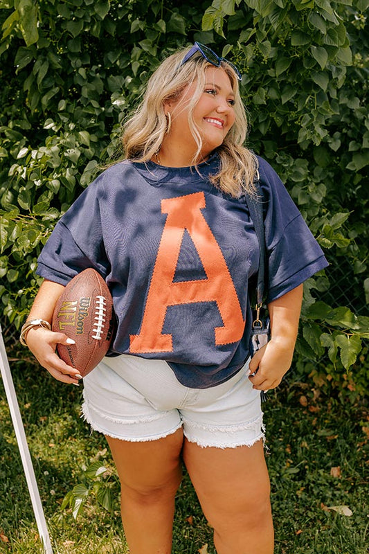 School Pride A Embroidered Short Sleeve Sweatshirt in Navy Curves